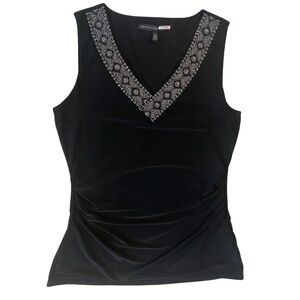 White House Black Market Black Beaded Sleeveless V Neck Blouse Small